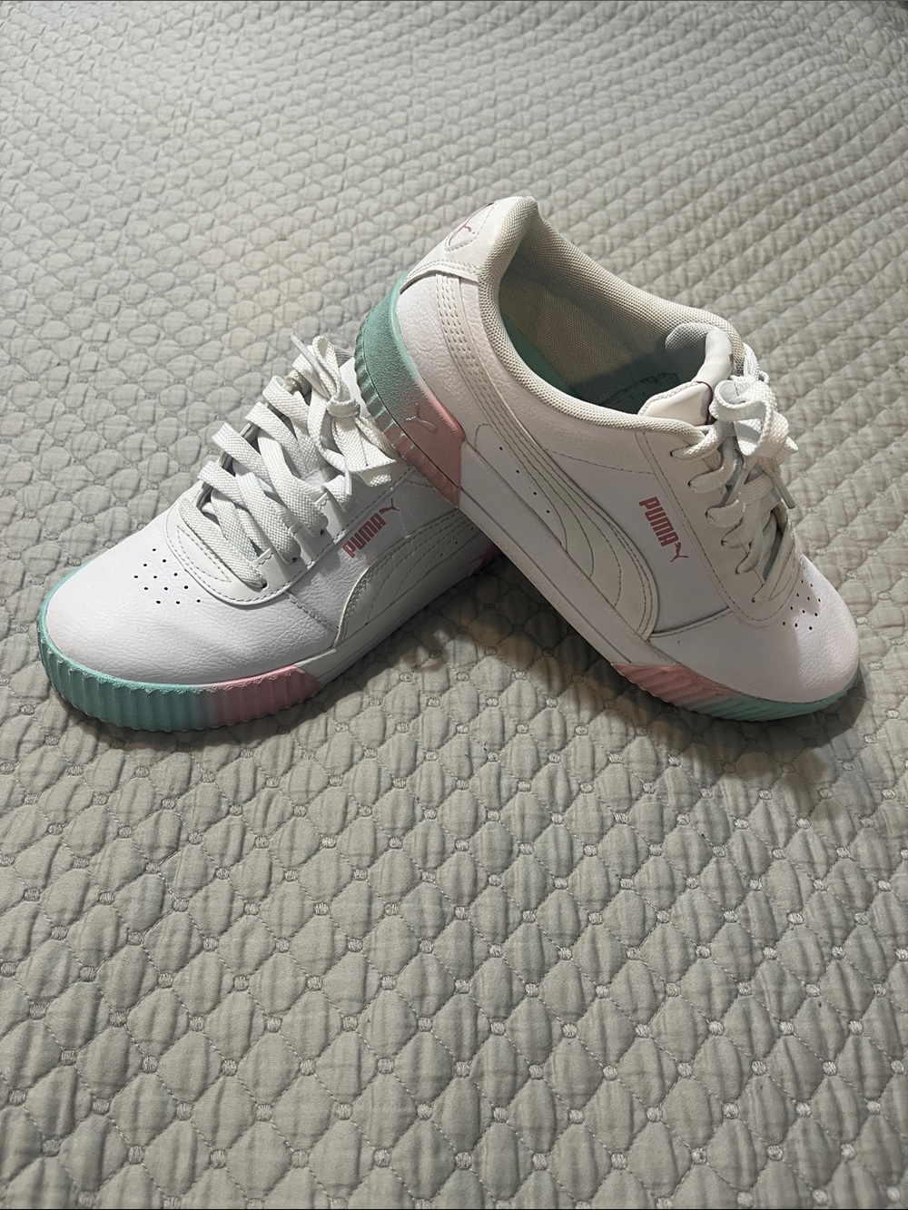 Puma White Women’s Sneakers with Pink & Mint Accent Sole